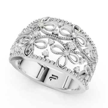 925 Sterling Silver Moissanite Floral Filigree Ring – Elegant Wide Band for Women