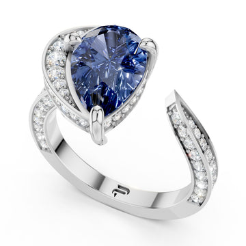 Blue Pear-Cut Moissanite Open Cuff Ring | Modern Bypass Sapphire Cocktail Ring