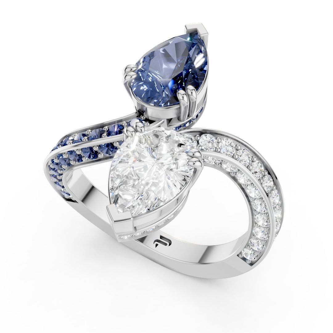 Toi et Moi Pear-Cut Ring | Two-Tone Bypass Moissanite and Blue Sapphire Ring