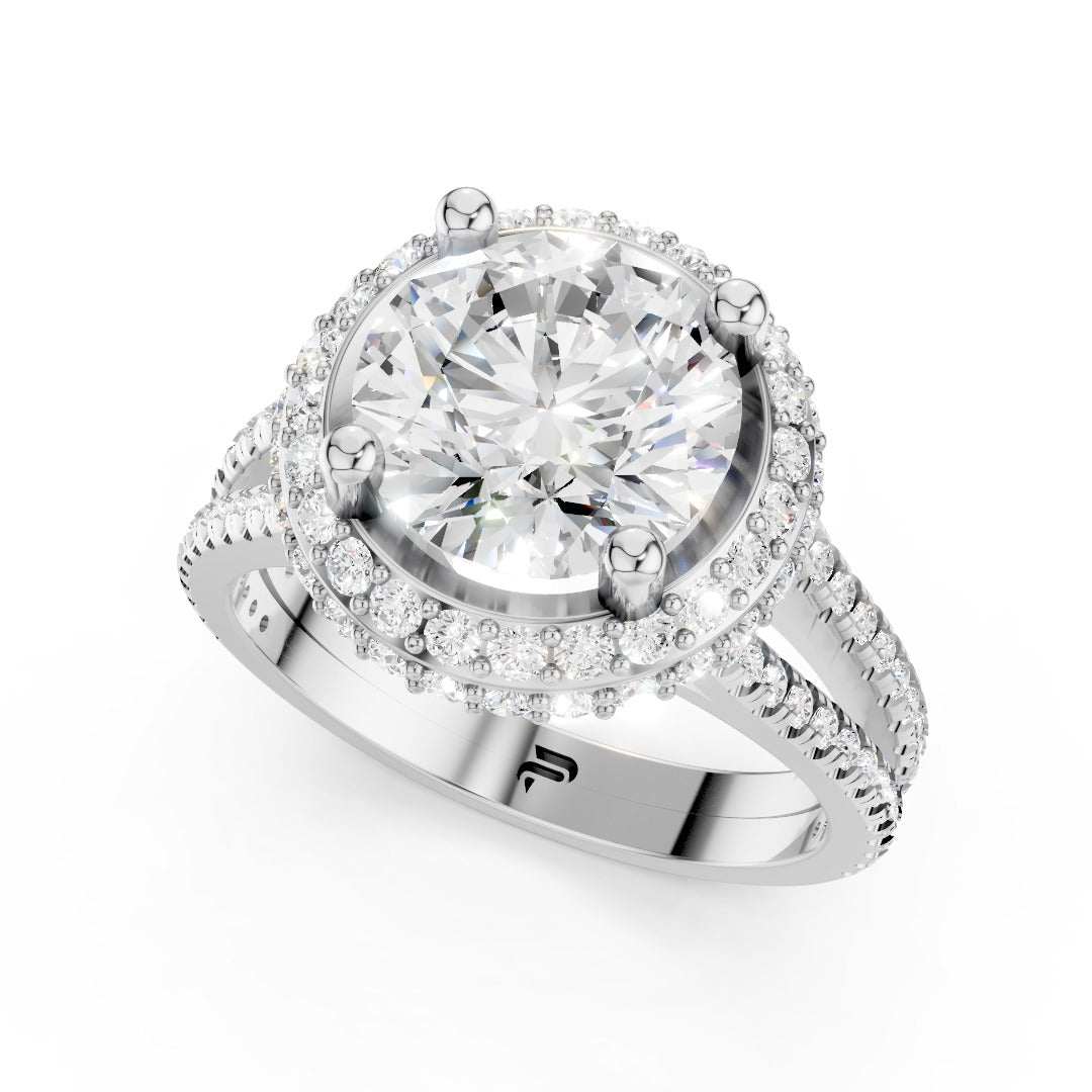 Round Moissanite Double Halo Split Shank Engagement Ring