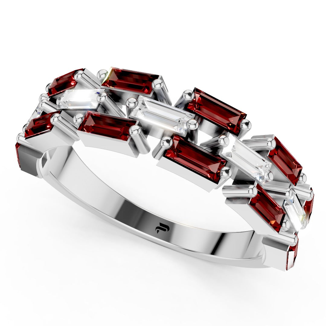Art Deco Baguette Moissanite & Red Gemstone Band - Interlocking Geometric Sterling Silver Ring