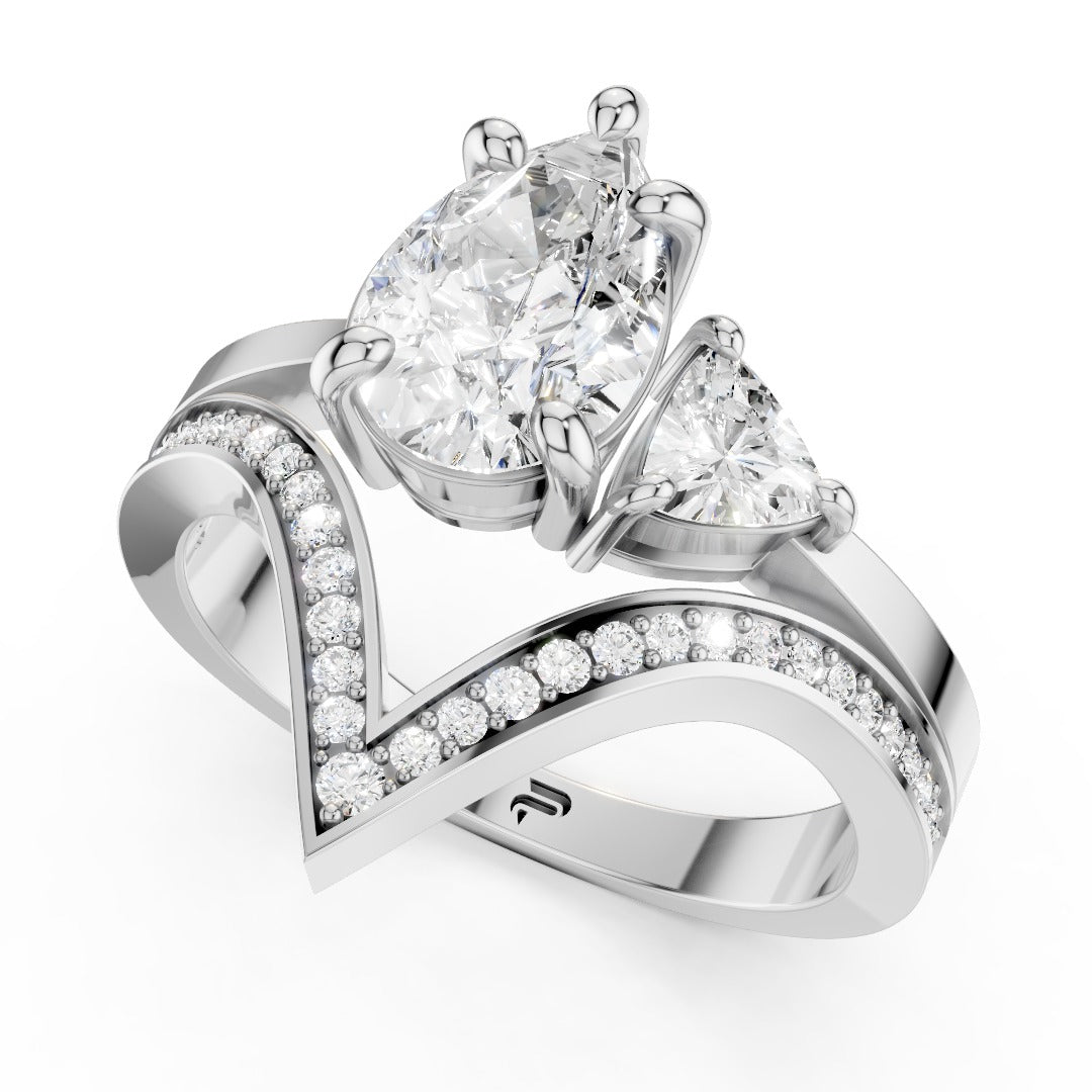 Modern V-Shape Moissanite Engagement Ring - Pear & Trillion Cut Accents in Sterling Silver