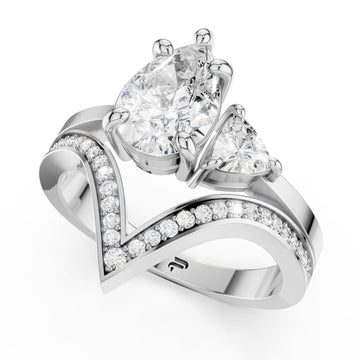 Modern V-Shape Moissanite Engagement Ring - Pear & Trillion Cut Accents in Sterling Silver