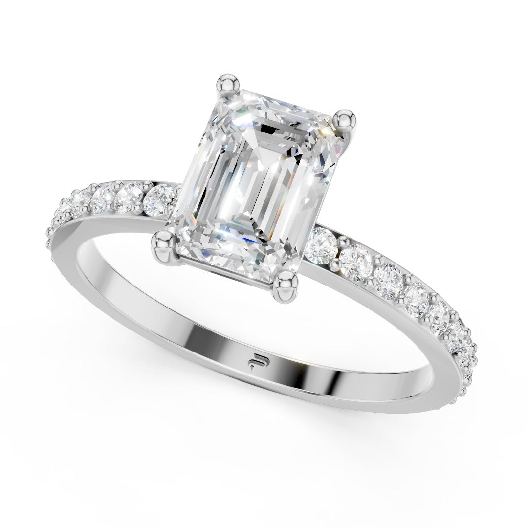 Emerald Cut Moissanite Solitaire Engagement Ring - Pave Band & Sterling Silver