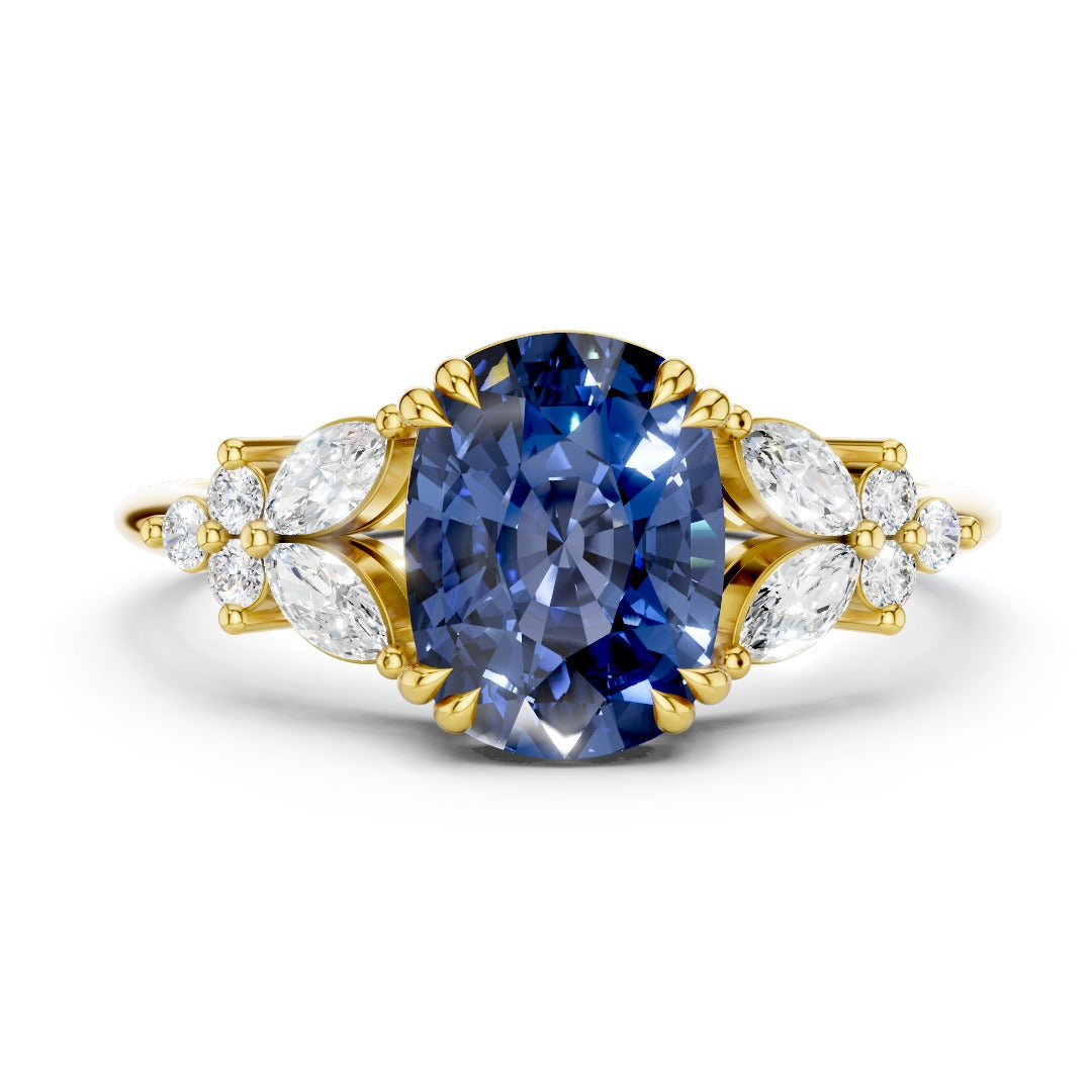 Vintage Blue Sapphire Cushion Cut Cluster Ring - Floral Moissanite Accent Rose Gold 925 Silver