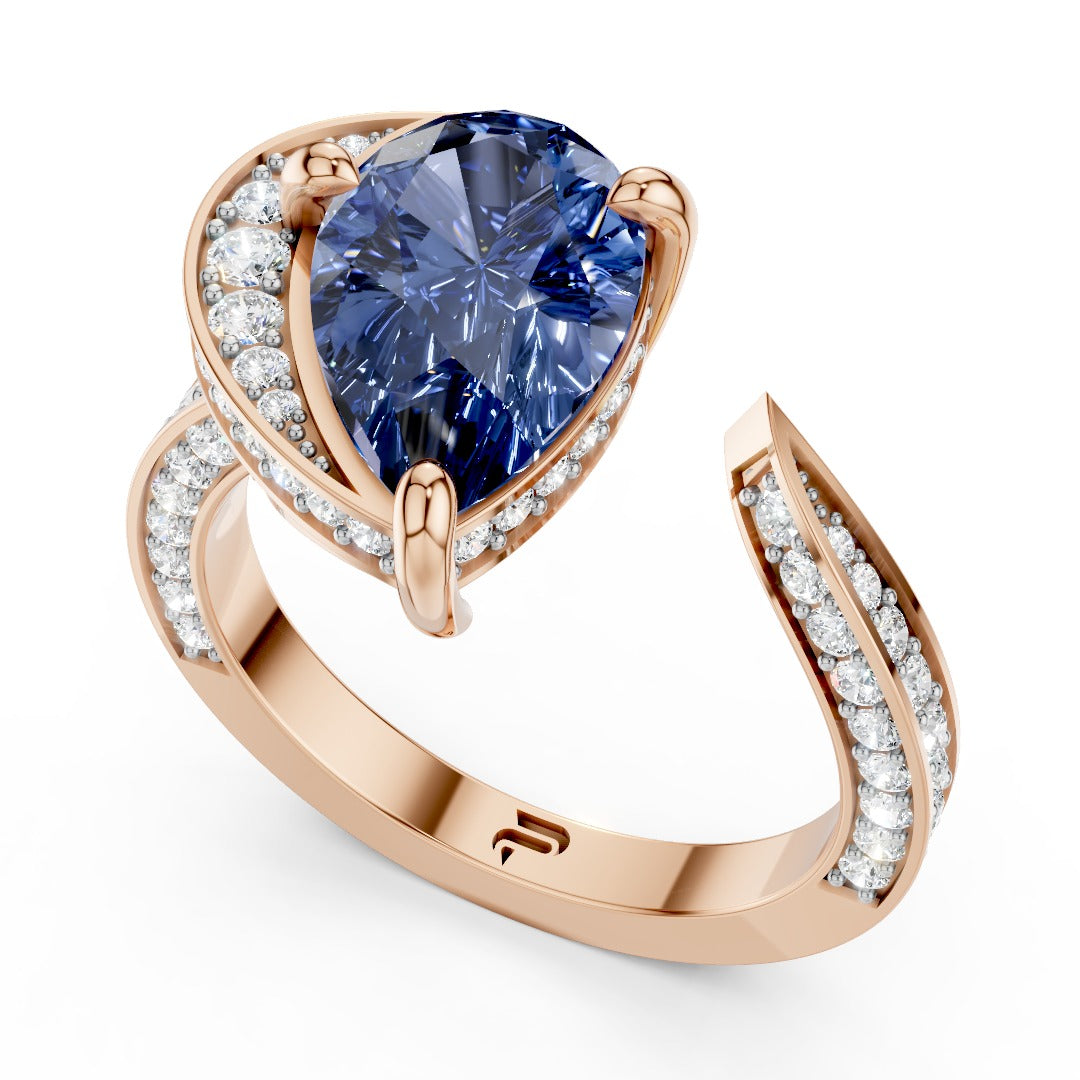 Blue Pear-Cut Moissanite Open Cuff Ring | Modern Bypass Sapphire Cocktail Ring