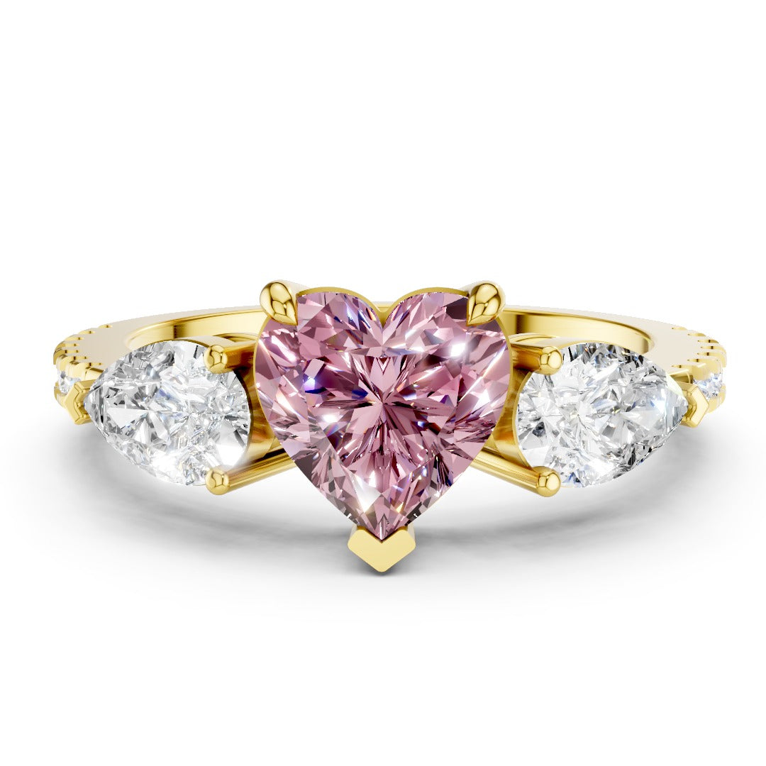 Pink Heart Moissanite Three-Stone Ring - Pear Cut Accents in Sterling Silver