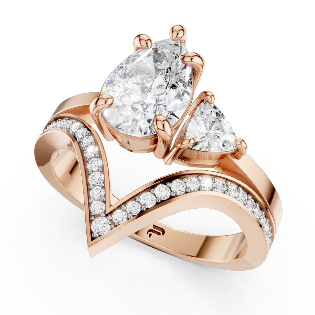 Modern V-Shape Moissanite Engagement Ring - Pear & Trillion Cut Accents in Sterling Silver
