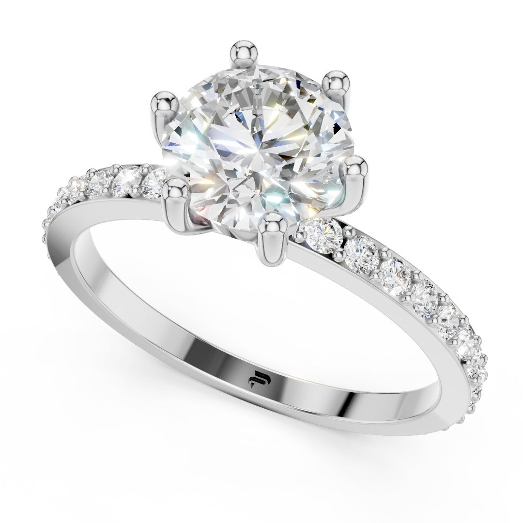 Classic Solitaire Moissanite Engagement Ring - Round Brilliant & Pave Band in Sterling Silver