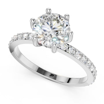 Classic Solitaire Moissanite Engagement Ring - Round Brilliant & Pave Band in Sterling Silver