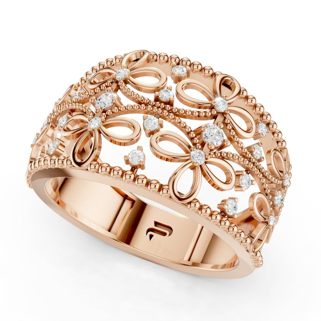 925 Sterling Silver Moissanite Floral Filigree Ring – Elegant Wide Band for Women