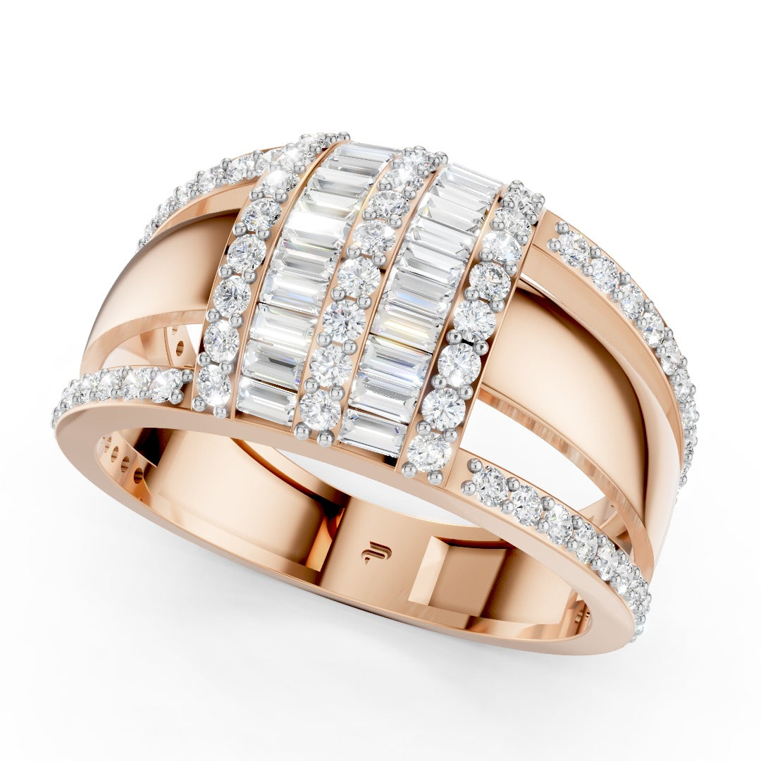 Wide Art Deco Moissanite Statement Ring - Baguette & Round Pave Band in Sterling Silver