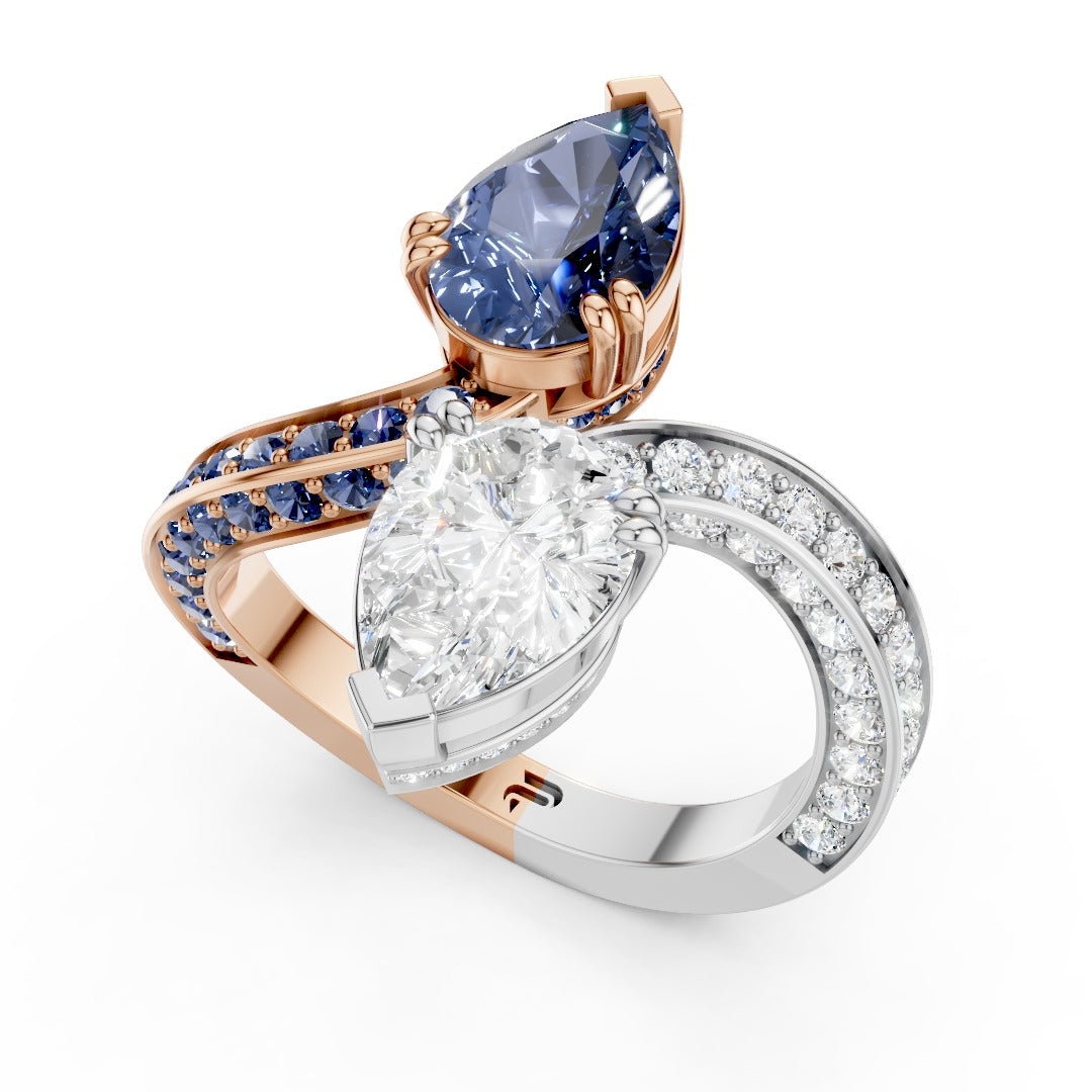 Toi et Moi Pear-Cut Ring | Two-Tone Bypass Moissanite and Blue Sapphire Ring