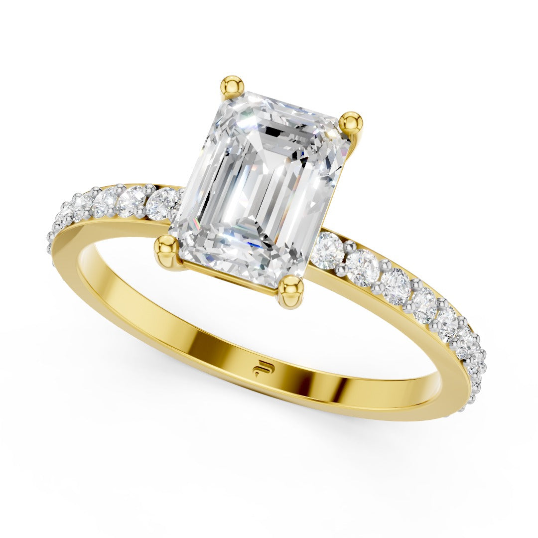Emerald Cut Moissanite Solitaire Engagement Ring - Pave Band & Sterling Silver