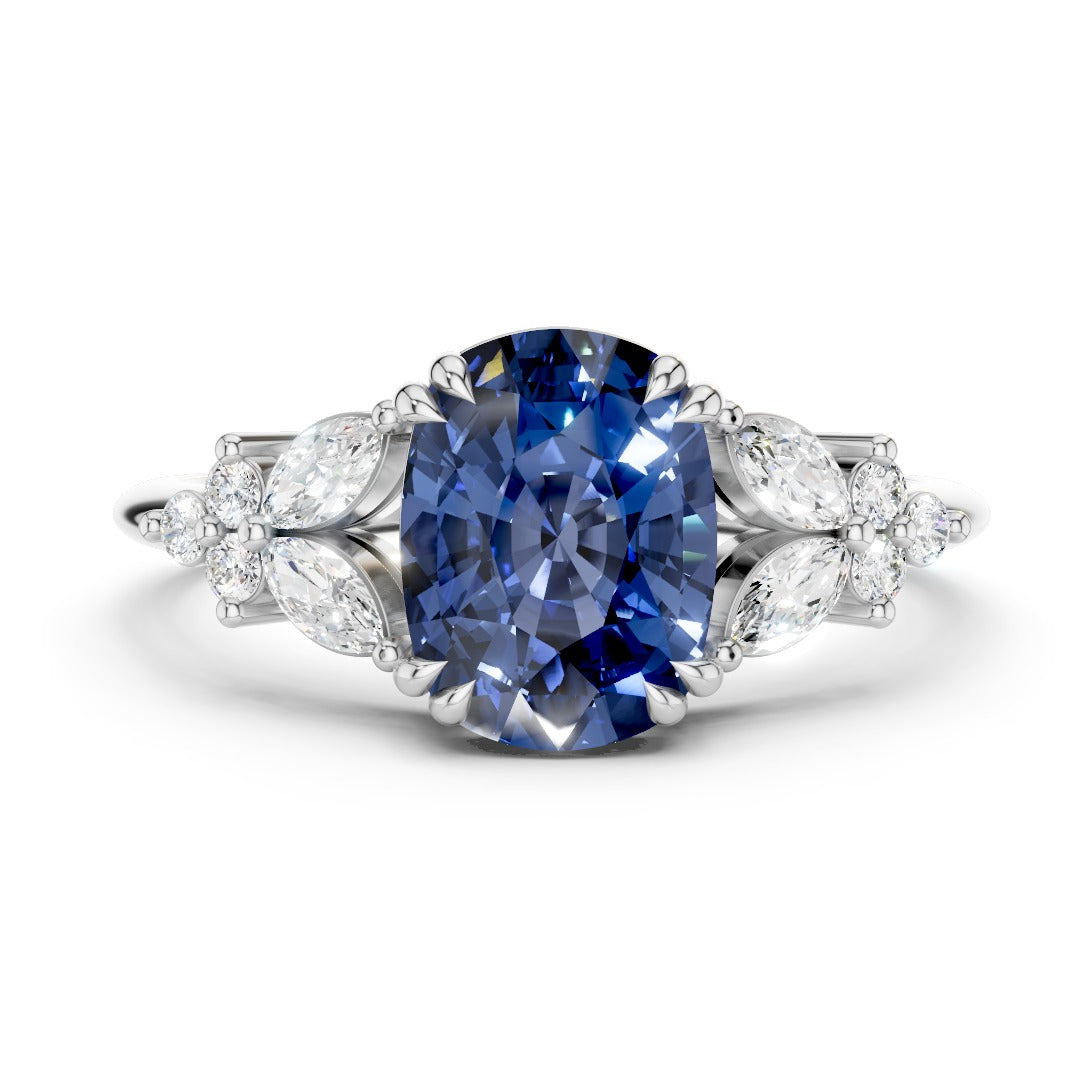 Vintage Blue Sapphire Cushion Cut Cluster Ring - Floral Moissanite Accent Rose Gold 925 Silver