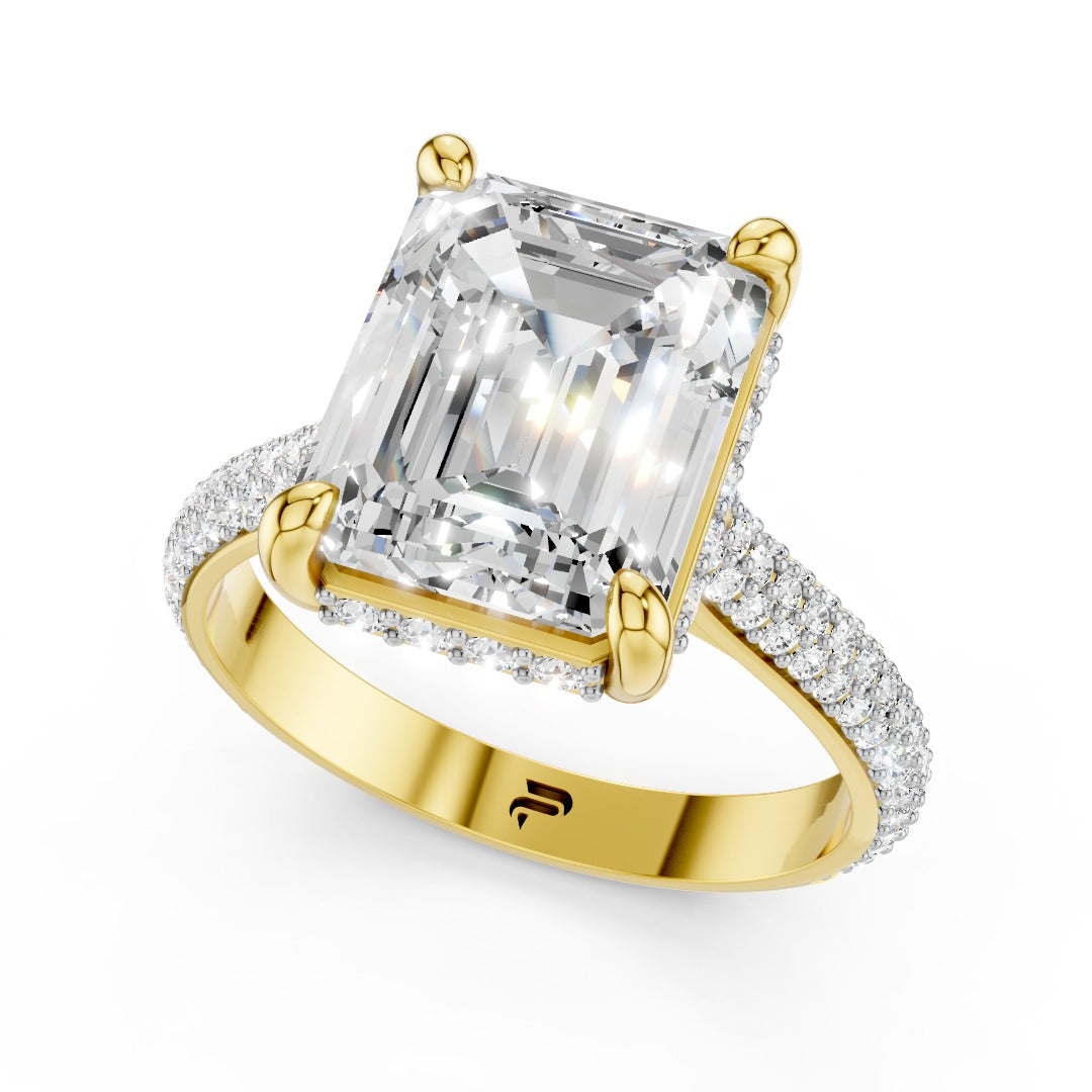 Emerald Cut Moissanite Pave Engagement Ring | Statement Four-Prong Setting