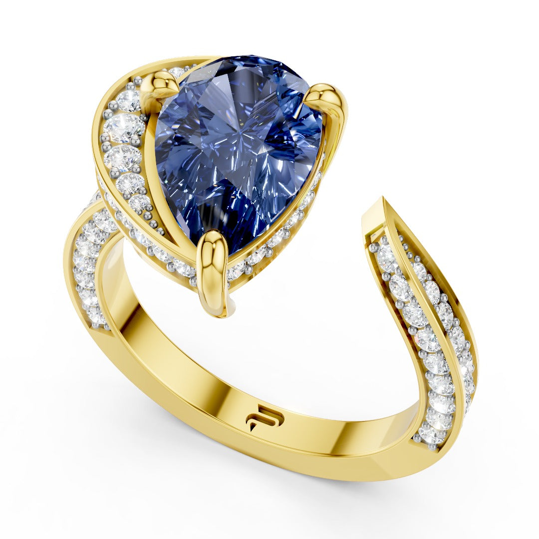 Blue Pear-Cut Moissanite Open Cuff Ring | Modern Bypass Sapphire Cocktail Ring