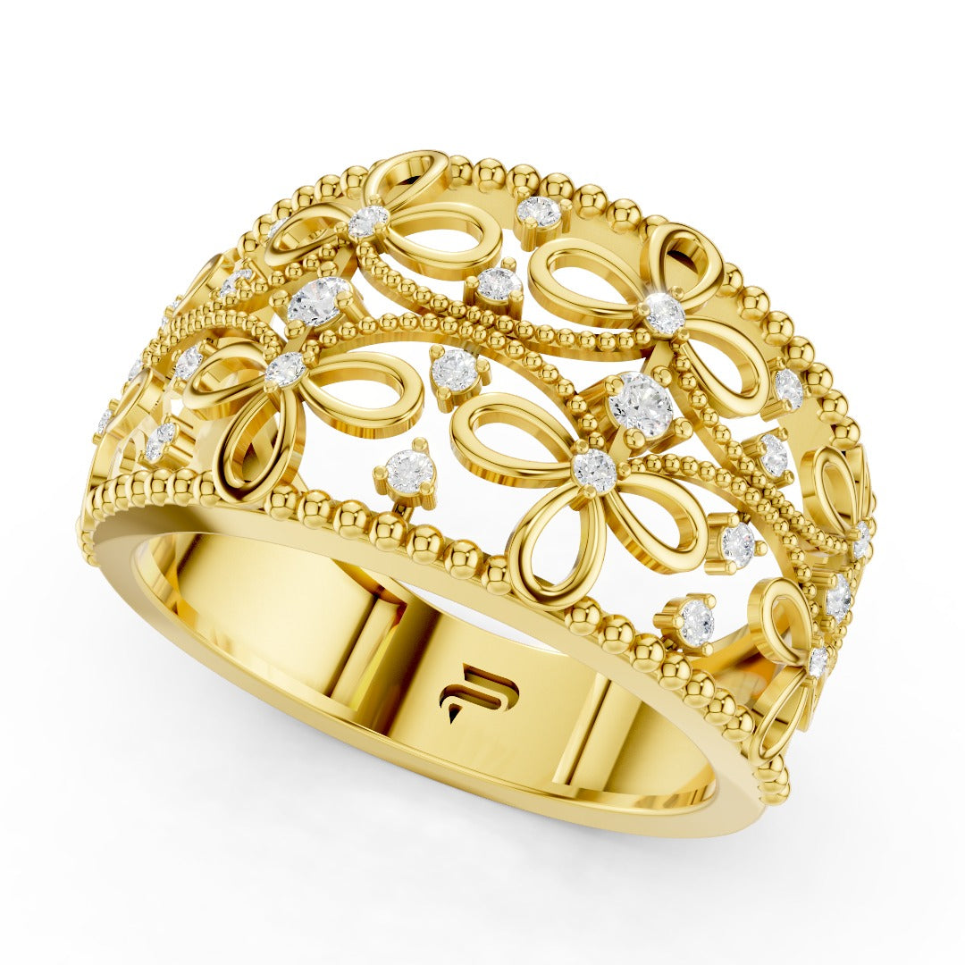 925 Sterling Silver Moissanite Floral Filigree Ring – Elegant Wide Band for Women