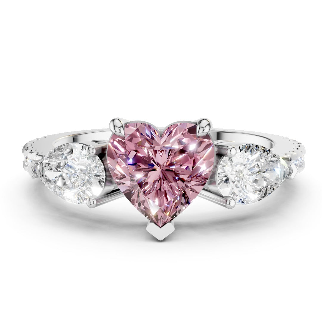 Pink Heart Moissanite Three-Stone Ring - Pear Cut Accents in Sterling Silver