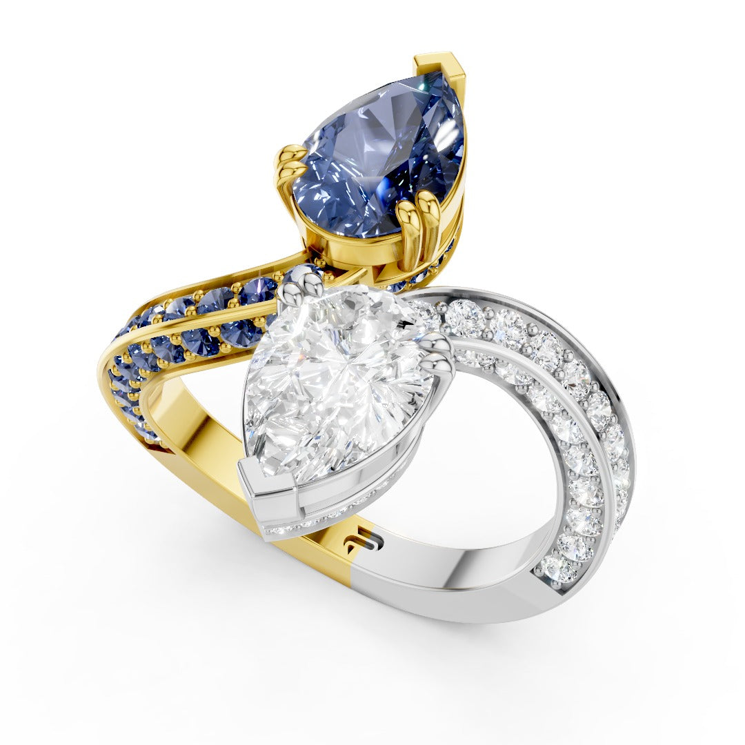 Toi et Moi Pear-Cut Ring | Two-Tone Bypass Moissanite and Blue Sapphire Ring