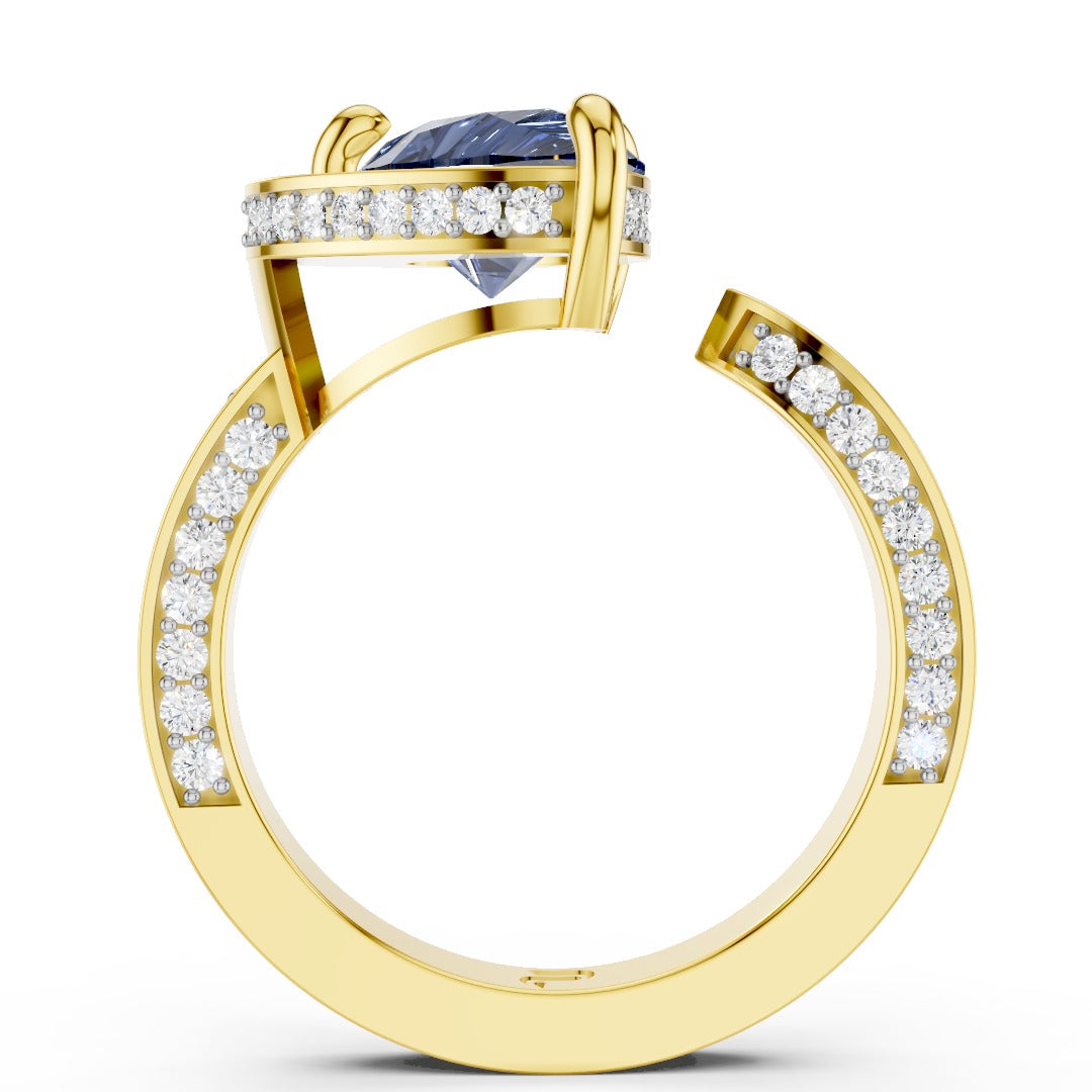 Blue Pear-Cut Moissanite Open Cuff Ring | Modern Bypass Sapphire Cocktail Ring