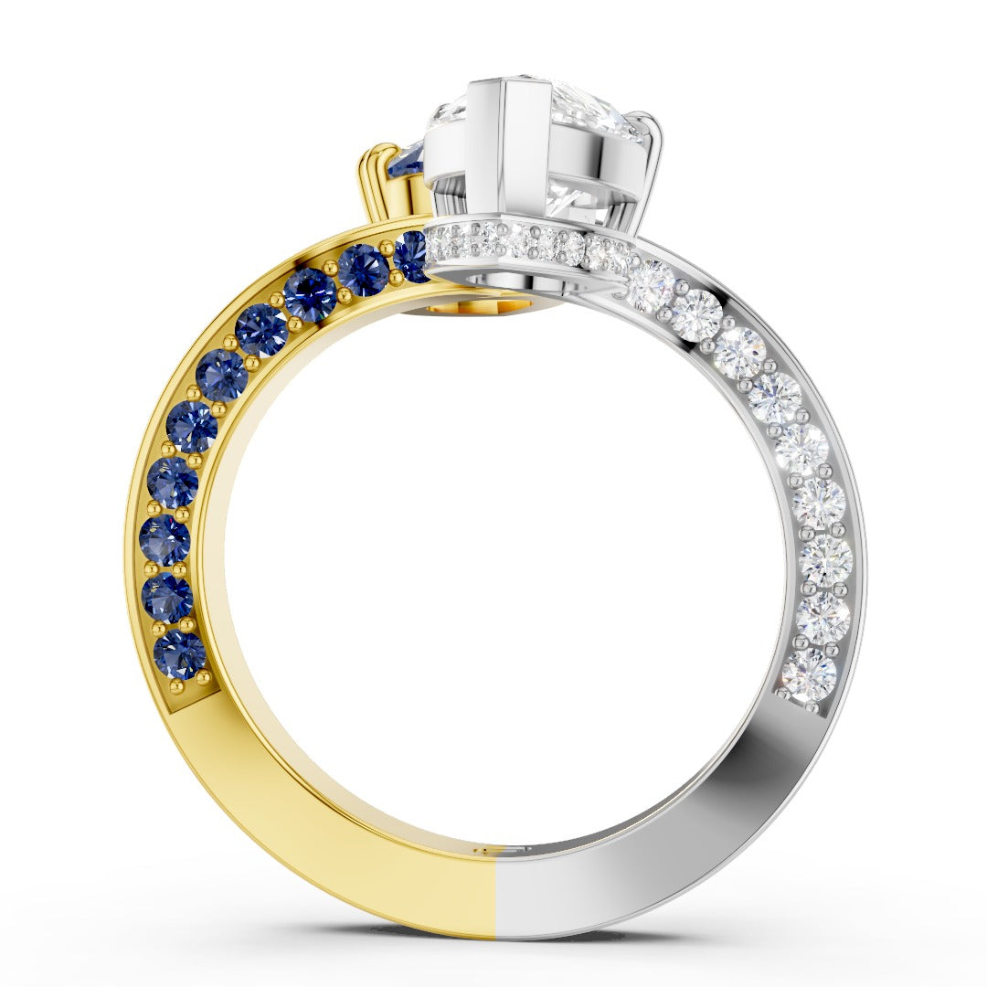 Toi et Moi Pear-Cut Ring | Two-Tone Bypass Moissanite and Blue Sapphire Ring