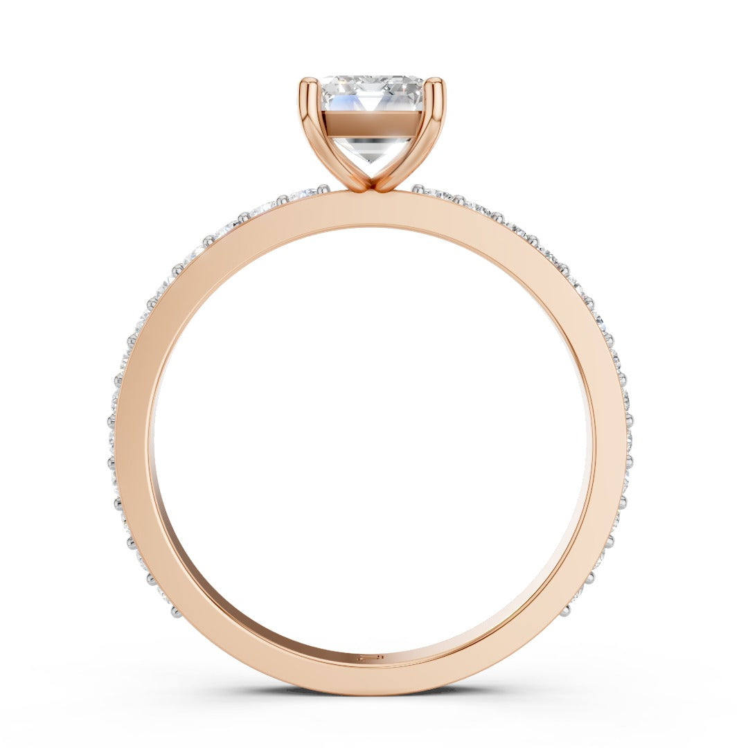 Emerald Cut Moissanite Solitaire Engagement Ring - Pave Band & Sterling Silver