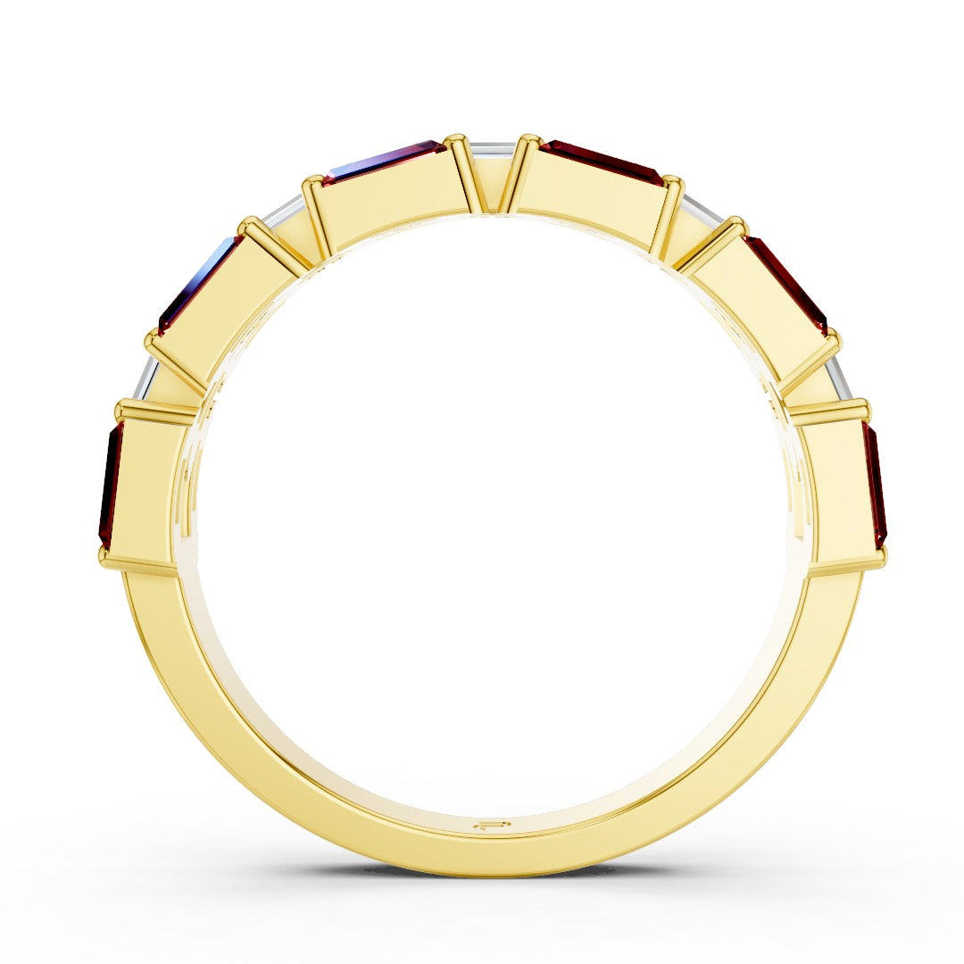 Art Deco Baguette Moissanite & Red Gemstone Band - Interlocking Geometric Sterling Silver Ring