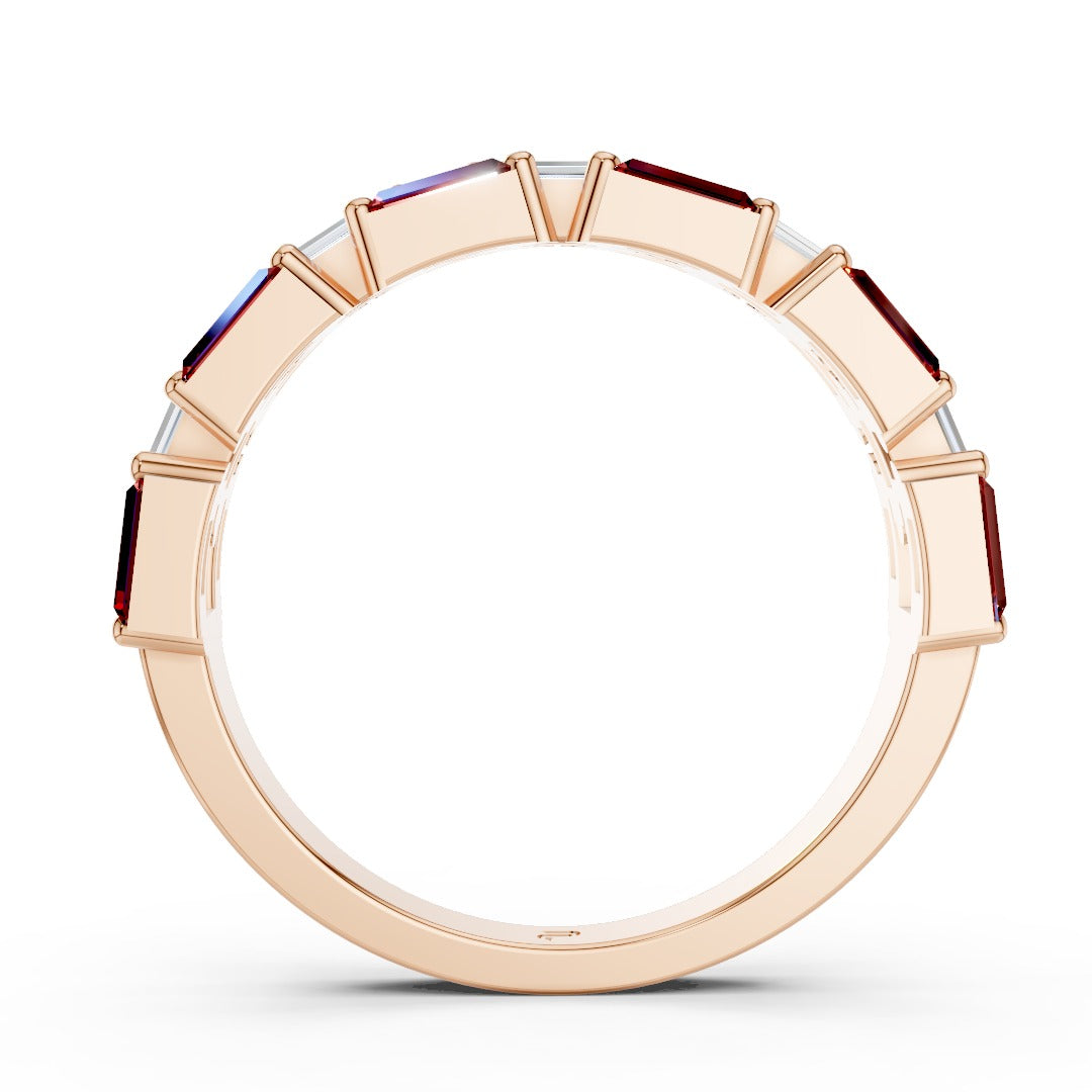 Art Deco Baguette Moissanite & Red Gemstone Band - Interlocking Geometric Sterling Silver Ring