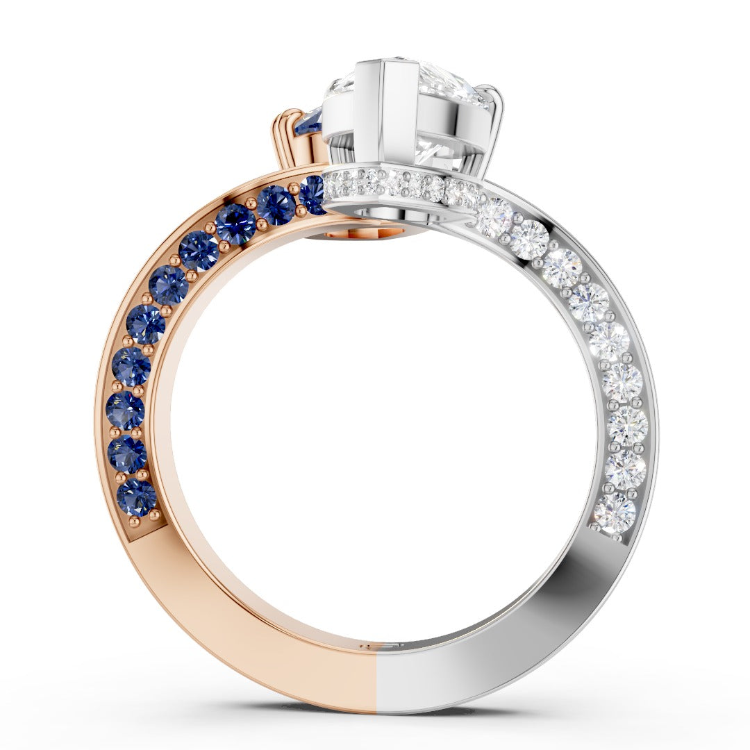 Toi et Moi Pear-Cut Ring | Two-Tone Bypass Moissanite and Blue Sapphire Ring