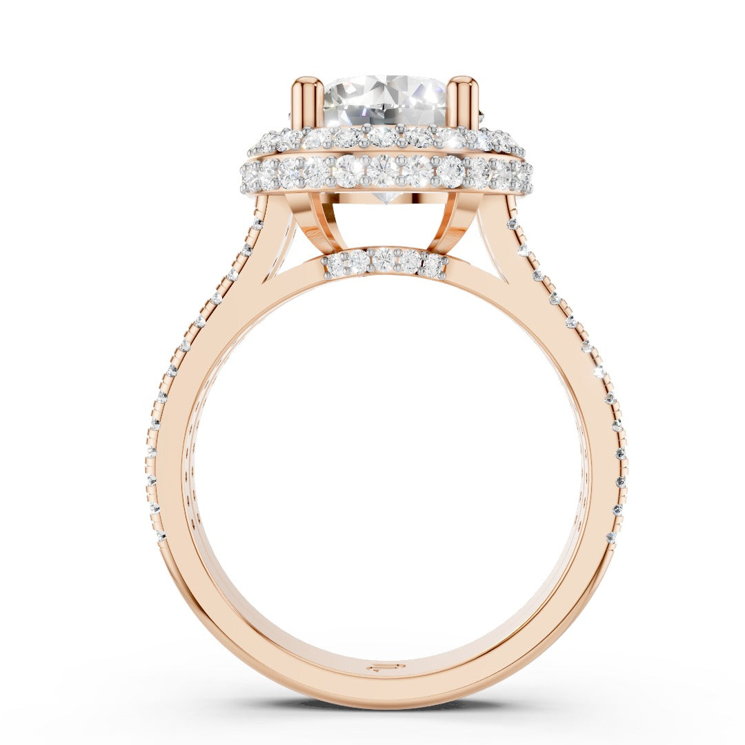 Round Moissanite Double Halo Split Shank Engagement Ring