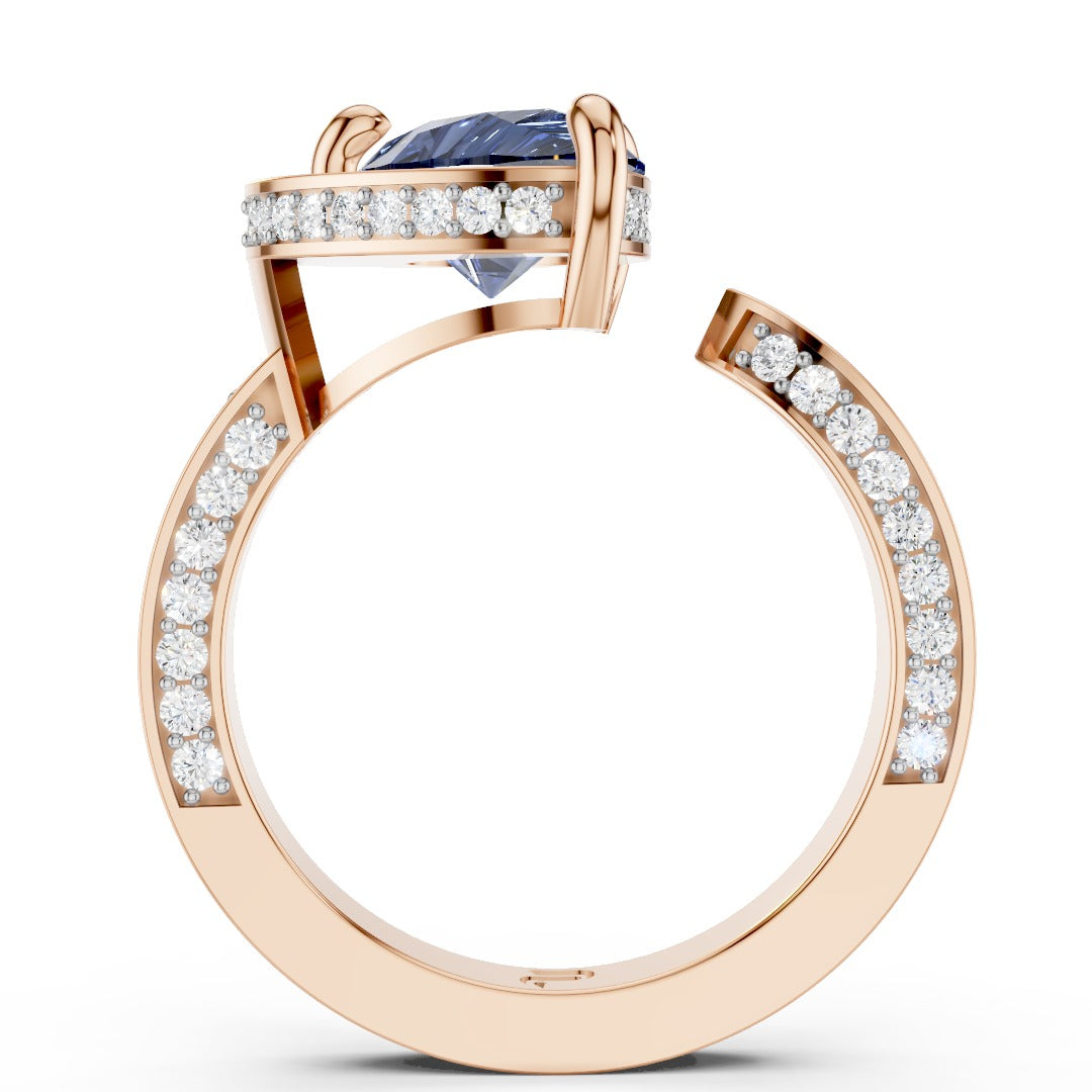 Blue Pear-Cut Moissanite Open Cuff Ring | Modern Bypass Sapphire Cocktail Ring