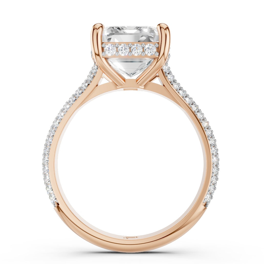Emerald Cut Moissanite Pave Engagement Ring | Statement Four-Prong Setting