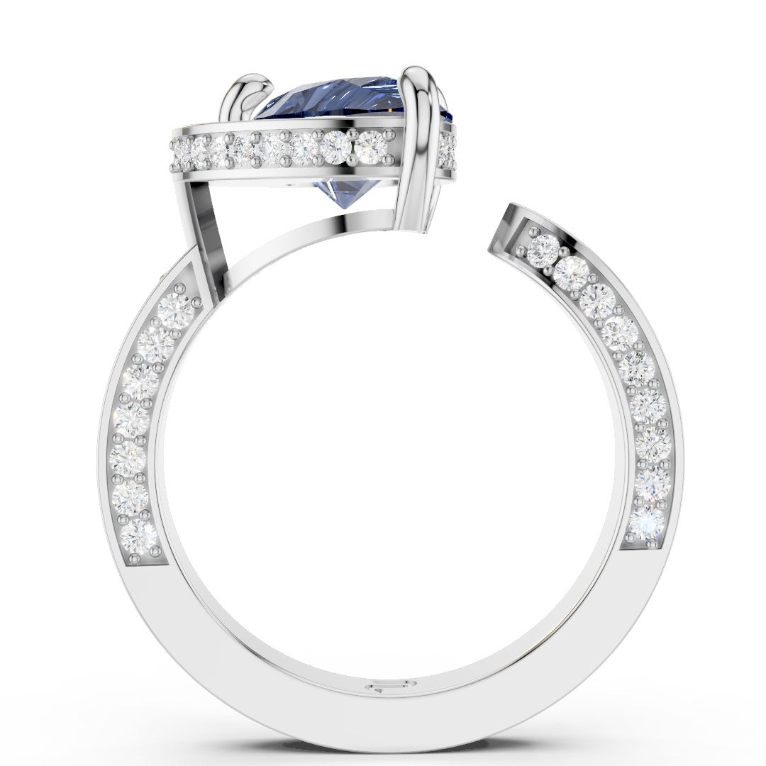 Blue Pear-Cut Moissanite Open Cuff Ring | Modern Bypass Sapphire Cocktail Ring