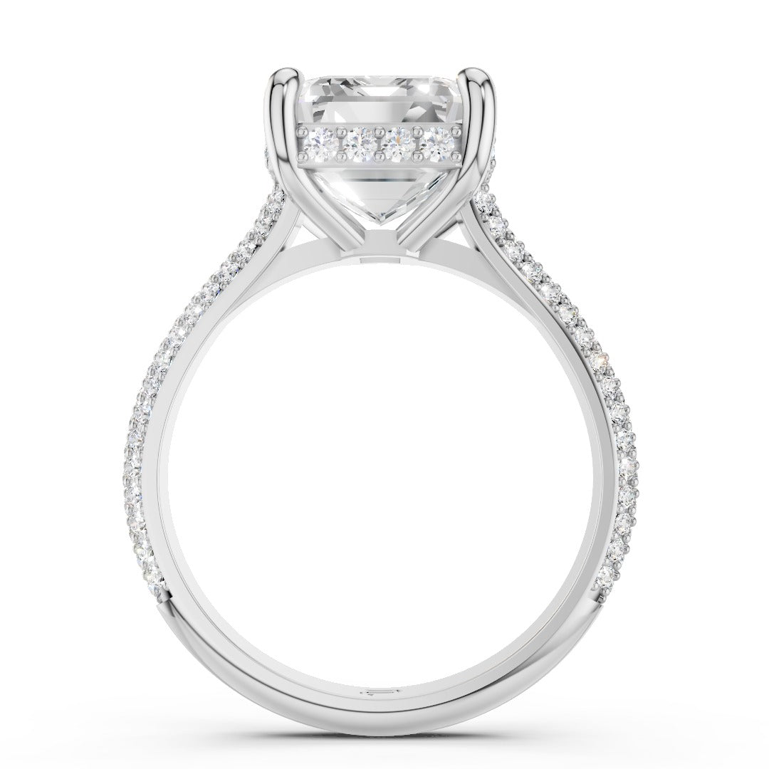 Emerald Cut Moissanite Pave Engagement Ring | Statement Four-Prong Setting