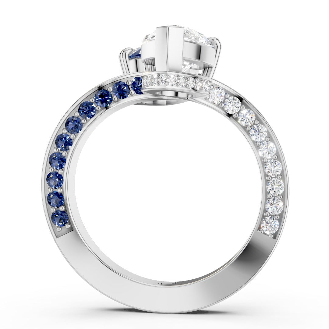 Toi et Moi Pear-Cut Ring | Two-Tone Bypass Moissanite and Blue Sapphire Ring