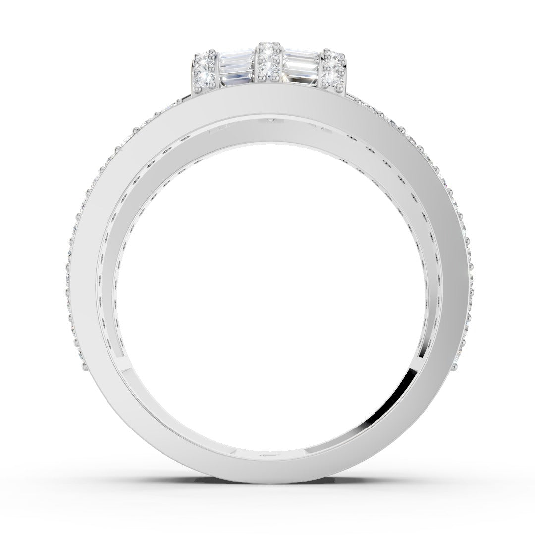 Wide Art Deco Moissanite Statement Ring - Baguette & Round Pave Band in Sterling Silver