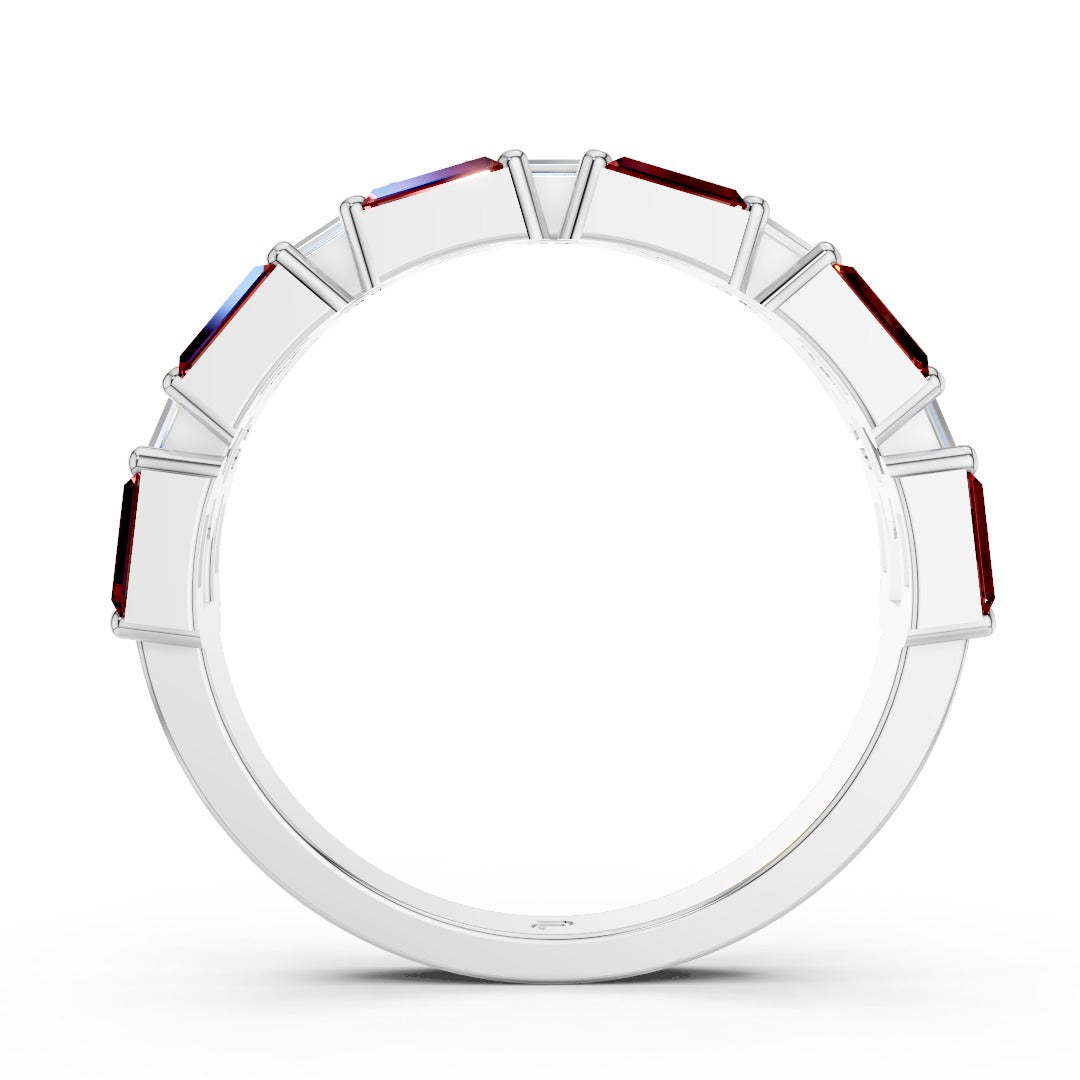 Art Deco Baguette Moissanite & Red Gemstone Band - Interlocking Geometric Sterling Silver Ring