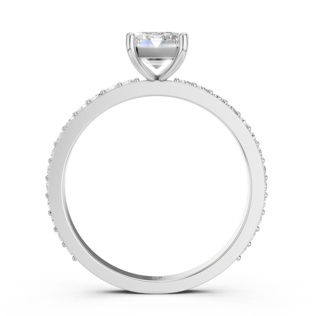Emerald Cut Moissanite Solitaire Engagement Ring - Pave Band & Sterling Silver