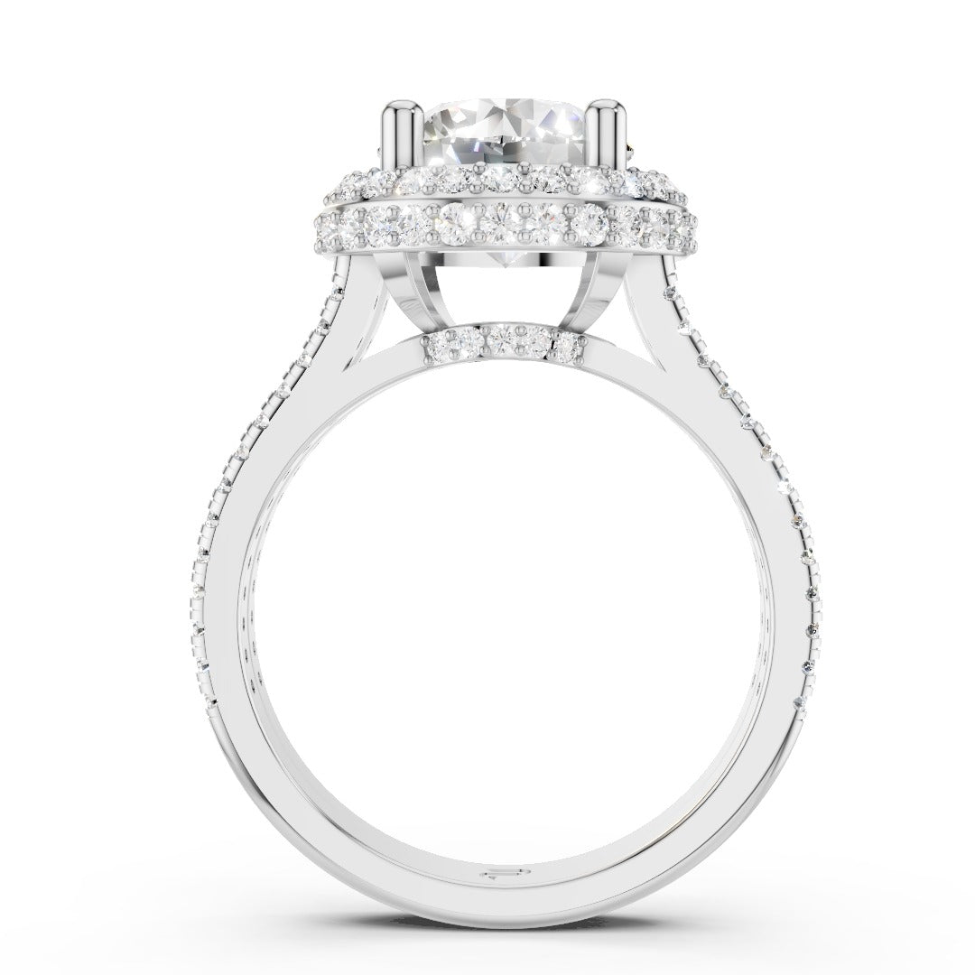 Round Moissanite Double Halo Split Shank Engagement Ring