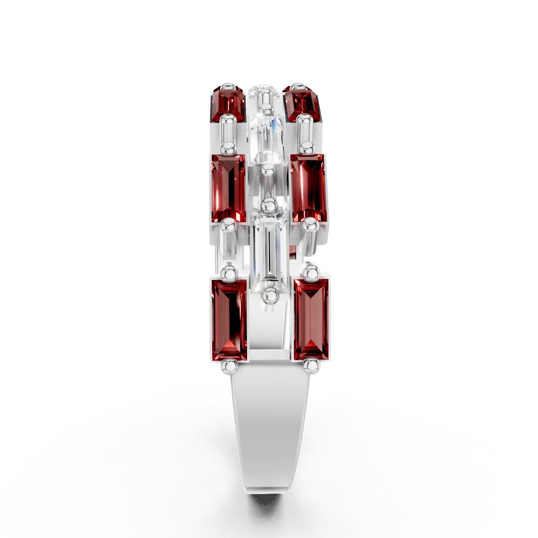 Art Deco Baguette Moissanite & Red Gemstone Band - Interlocking Geometric Sterling Silver Ring
