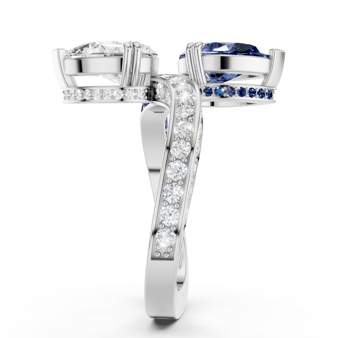 Toi et Moi Pear-Cut Ring | Two-Tone Bypass Moissanite and Blue Sapphire Ring