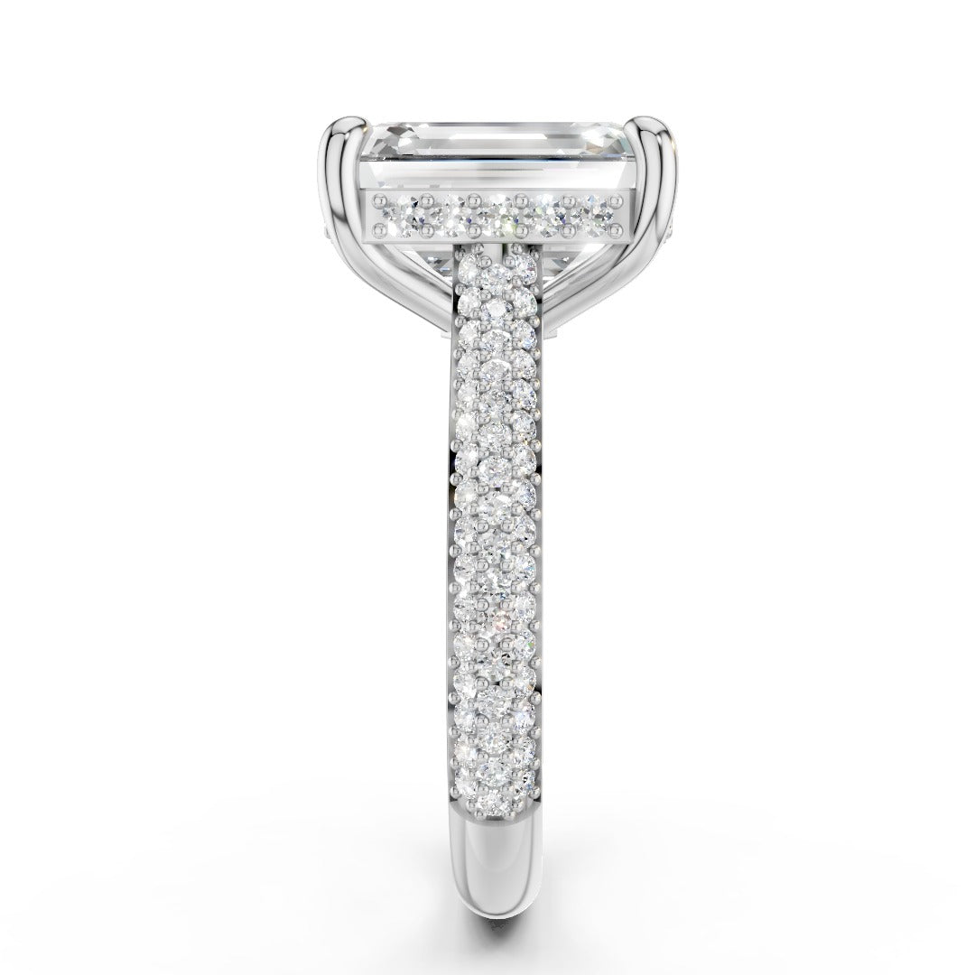 Emerald Cut Moissanite Pave Engagement Ring | Statement Four-Prong Setting