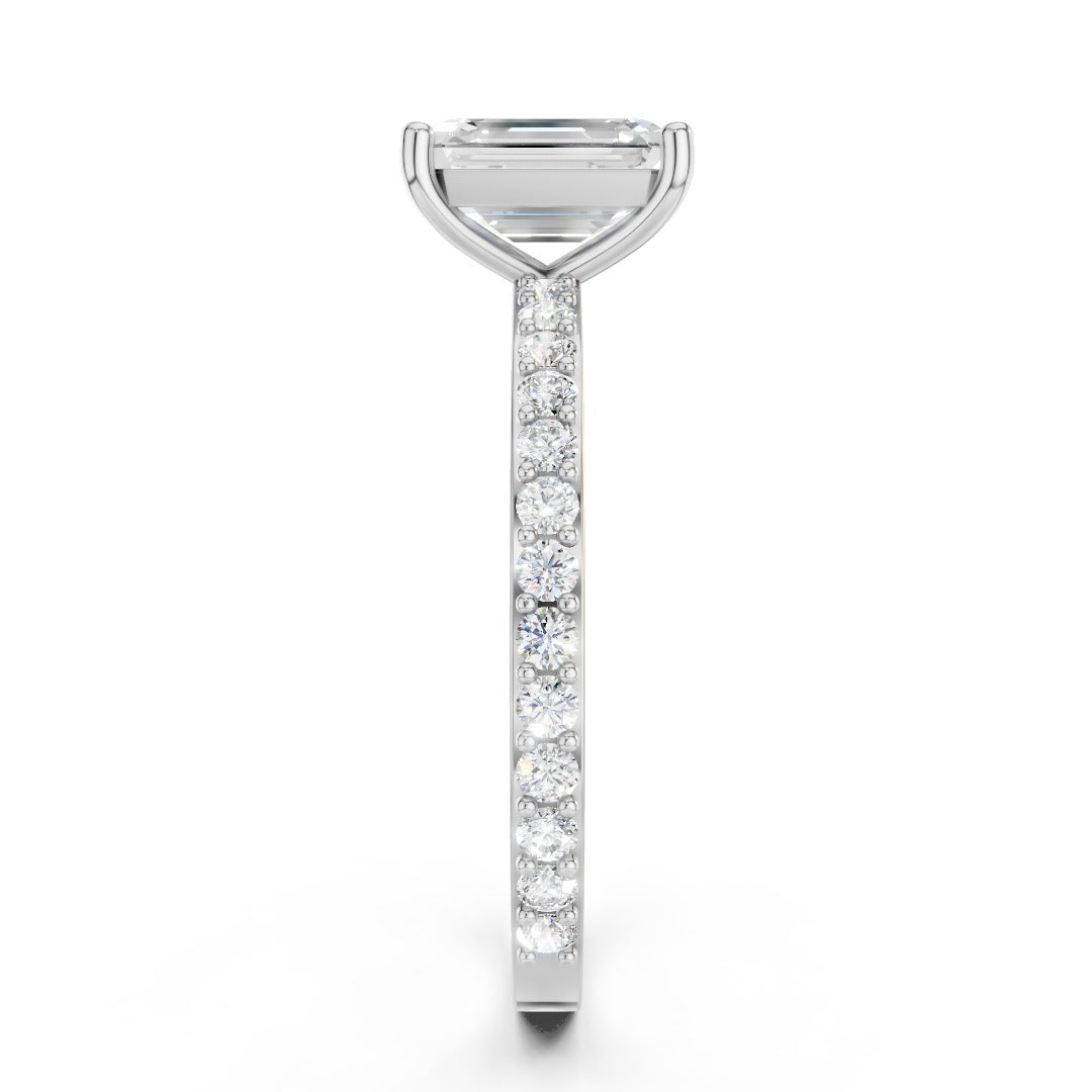 Emerald Cut Moissanite Solitaire Engagement Ring - Pave Band & Sterling Silver