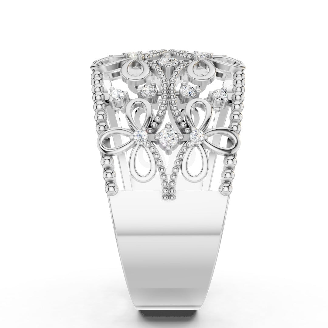 925 Sterling Silver Moissanite Floral Filigree Ring – Elegant Wide Band for Women