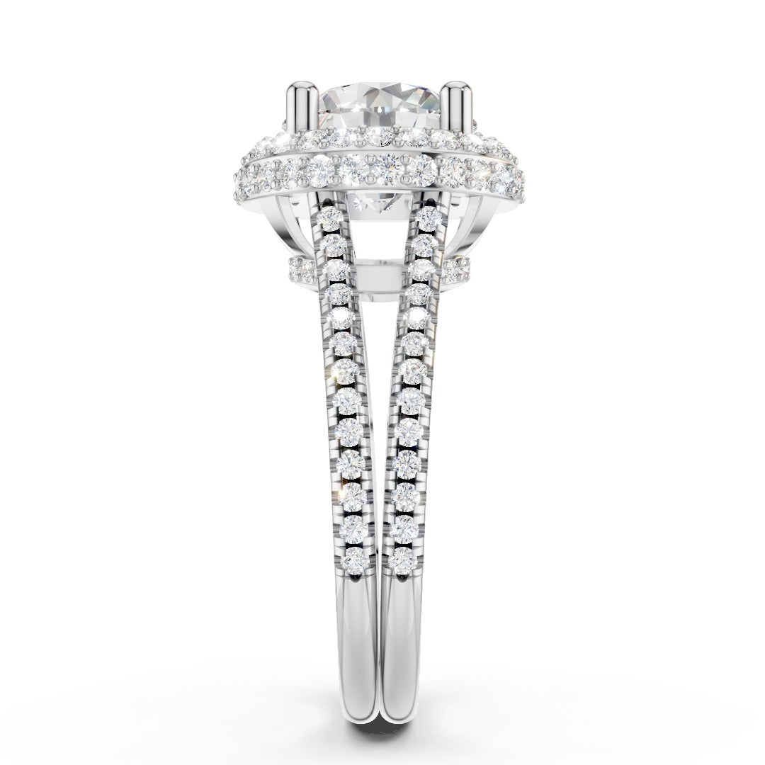 Round Moissanite Double Halo Split Shank Engagement Ring