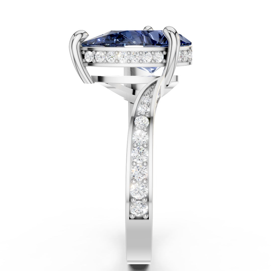 Blue Pear-Cut Moissanite Open Cuff Ring | Modern Bypass Sapphire Cocktail Ring