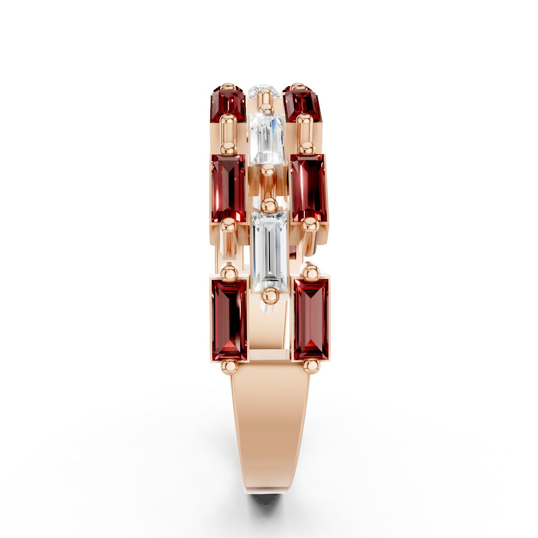 Art Deco Baguette Moissanite & Red Gemstone Band - Interlocking Geometric Sterling Silver Ring