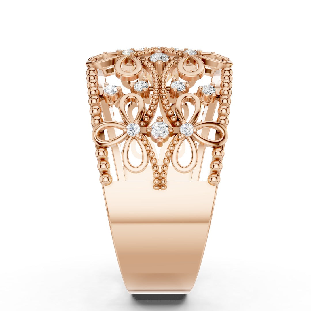 925 Sterling Silver Moissanite Floral Filigree Ring – Elegant Wide Band for Women