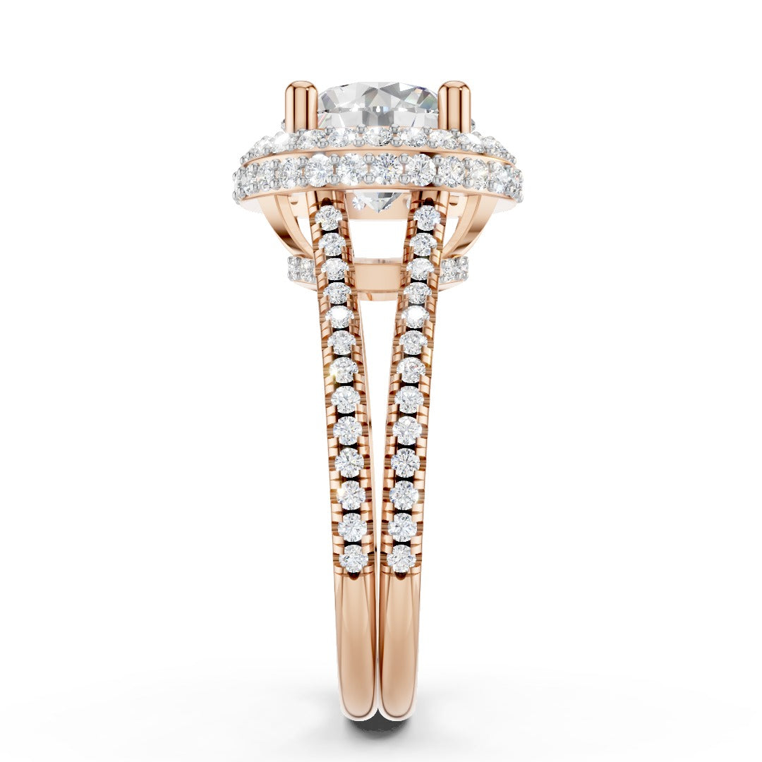 Round Moissanite Double Halo Split Shank Engagement Ring